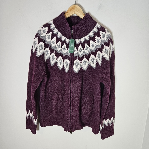 LL Bean Classic Fair Isle Rag Lambs Wool Cardigan Sweater Maroon Gray NWT XL - Picture 1 of 7